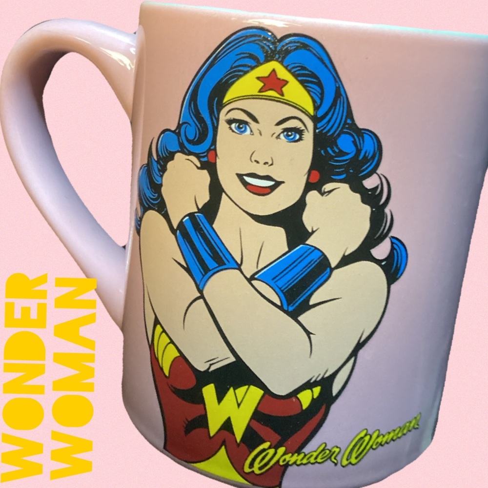 Marvel Wonder Woman Pink Ceramic Coffee Mug with Blue, Yellow & Red Accents